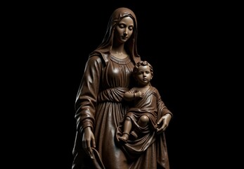 Brown Statue of Virgin Mary and Child Jesus