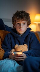 A boy is sitting on a bed with a teddy bear and a cell phone. He is looking at the camera with a serious expression