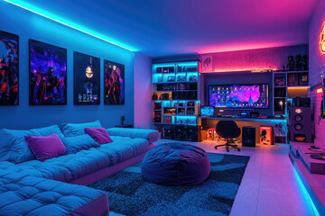 Modern neon interior of teenage room with screens and posters, computer gaming setup with led light, concept of design.
