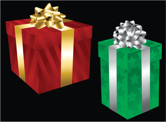 A pair of holiday gift boxes with patterned wrapping paper and metallic bows. 
