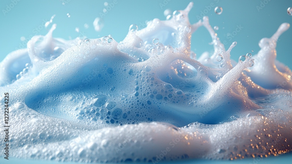 Poster Delicate bubbles swirl and splash in a mesmerizing display of soft blue foam, creating a tranquil atmosphere. The gentle rise and fall reflect the serenity of a peaceful moment