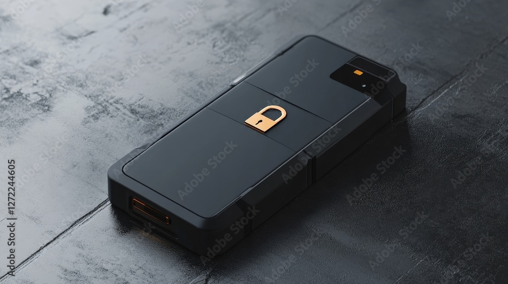Poster modern smartphone featuring a prominent lock icon, symbolizing data encryption and advanced security