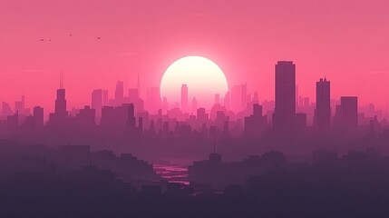 Pink City Skyline Sunset Cityscape Silhouette