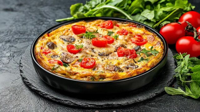 Colorful vegetable frittata served in a black dish with fresh ingredients on a dark slate background
