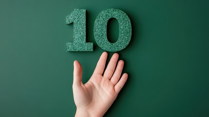 Conceptual Image of Hand Reaching for the Number Ten on Green Backdrop
