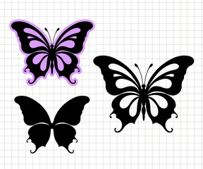 Butterfly design. Summer tropical insect. Different poses. Silhouette vector flat illustration. Cutting file. Suitable for cutting software. Cricut, Silhouette.	