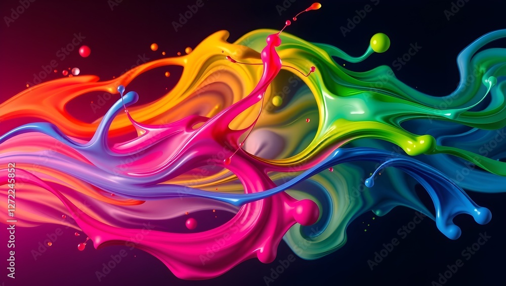 Poster a vibrant splash of multicolored paint swirls dynamically against a dark background, showcasing a pl