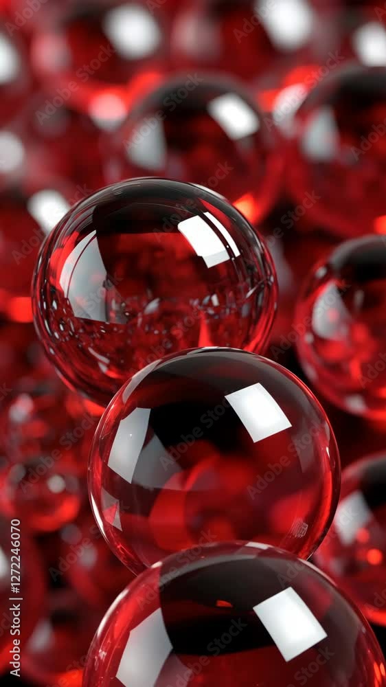 Poster red glass spheres glimmering under soft light create a vibrant and dynamic visual display in close-u