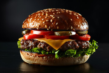 Burger with vegetables and cheese on a dark background