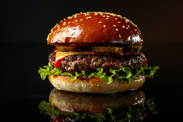 Burger with vegetables and cheese on a dark background