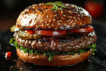 Juicy burger with tomatoes and pickles