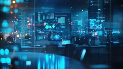 Multiple computer screens and large displays highlighting complex data analysis and code in a high tech cybersecurity control room, protecting sensitive information from cyber threats
