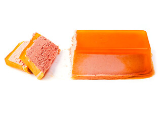 Pate block cut into slices on white color background. Premium high quality meat product. Tasty popular food.