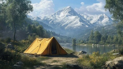 Mountain lake campsite, tent, scenic view, tranquil nature, travel
