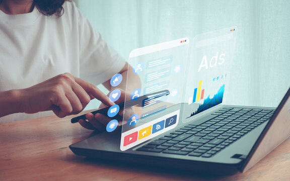 Online sale of digital marketing concept, ad, product ads, promotion of product or service through digital tools. Online advertising social media. Business analysis technology. Woman using the phone.