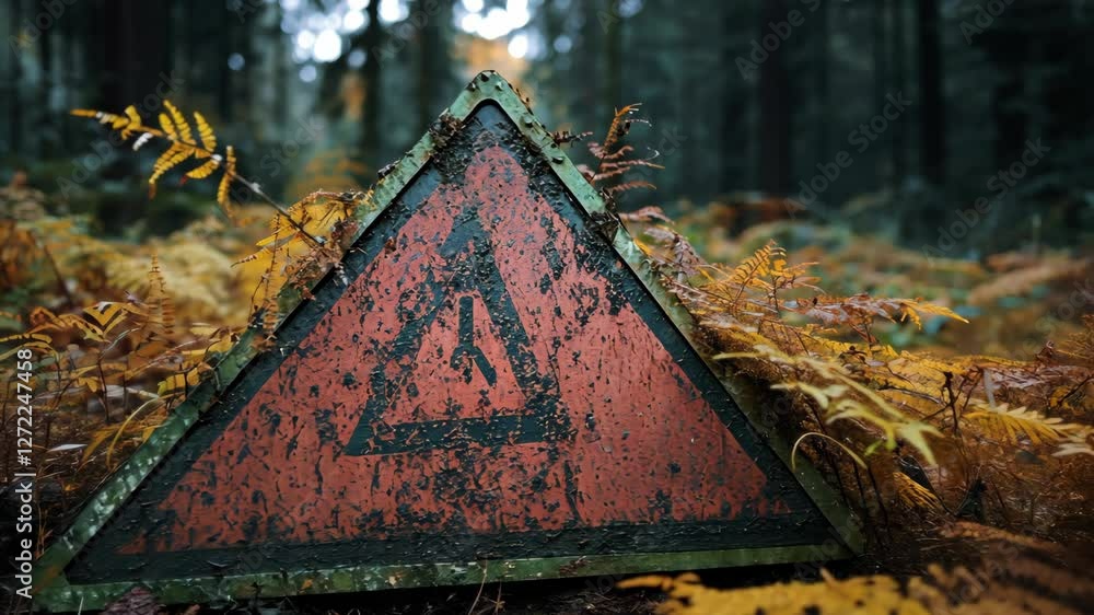 Poster warning sign partially obscured by autumn foliage in a dense forest setting