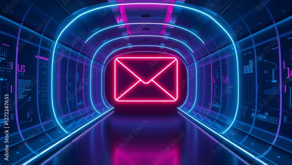 Poster a futuristic tunnel illuminated with neon lights, featuring a glowing envelope symbol, representing 