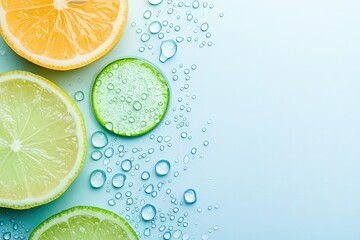 Citrus Fruit Slices With Water Droplets On Blue Background