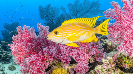 Yellow fish swims coral reef, vibrant underwater scene, ocean background, marine life stock photo