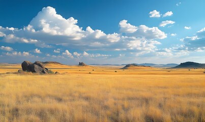 Obraz premium Expansive golden grassland under a clear blue sky dotted with white fluffy clouds