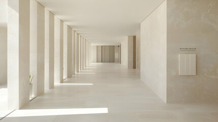 Fototapeta premium Sunlit minimalist hallway, modern building, serene background, spa design
