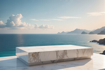 Fototapeta premium Empty marble podium displaying products with ocean view background