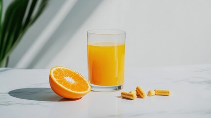 Naklejka premium Fresh orange juice with vitamins on marble surface in sunlight