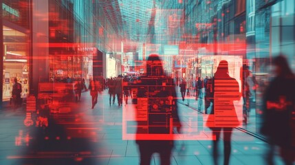 Futuristic cyber security system is tracking people walking in a shopping mall with facial recognition and big data analysis, highlighting potential threats and security breaches