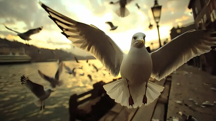 Seagull in flight, sunset cityscape background, harbor, flock, dramatic lighting, nature photography