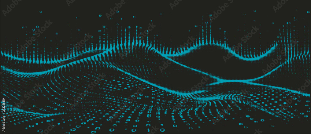 Poster vector illustration depicts a wave of cyan particles forming a dynamic, flowing pattern on a dark ba