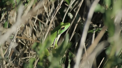 Green frog hiding in tall grass, sunny meadow, wildlife photography, nature background, educational use