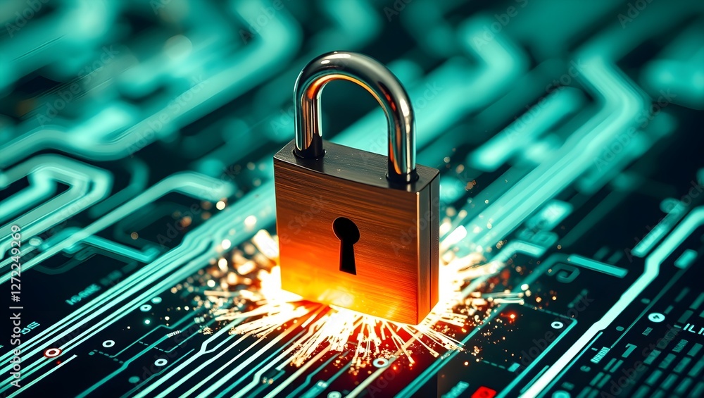 Poster a digital lock glows amidst circuit patterns, symbolizing cybersecurity and data protection in a tec
