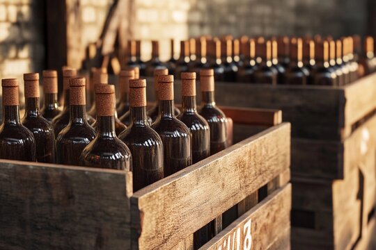 Freshly bottled wine stored in wooden crates