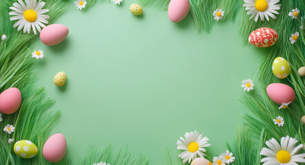 Easter's Floral Embrace: A cheerful and vibrant Easter composition, showcasing a delightful arrangement of pastel-colored Easter eggs nestled within lush green grass.