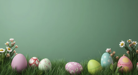 Easter Egg Hunt: A festive scene featuring colorful Easter eggs nestled in lush green grass, complemented by delicate wildflowers, creating a vibrant and cheerful atmosphere.