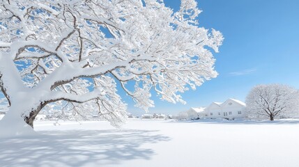 Fototapeta premium Snow-covered tree stands in a pristine white field under a clear blue sky on a bright winter day.