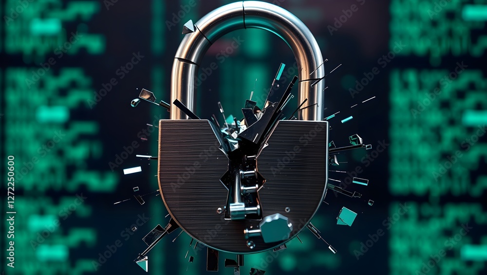 Poster a digital padlock shatters against a backdrop of code, symbolizing cybersecurity breaches and the im