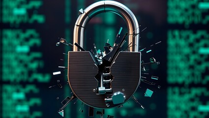 A digital padlock shatters against a backdrop of code, symbolizing cybersecurity breaches and the importance of data protection.