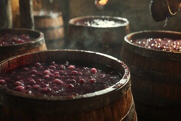Wooden barrels filled with freshly pressed grape juice ready for fermentation