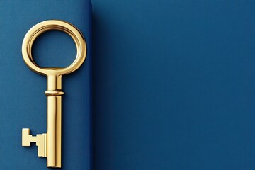 Golden key lying against a textured blue background