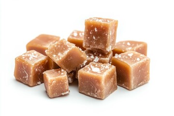 Caramel candy cubes on solid white background. Neural network AI generated