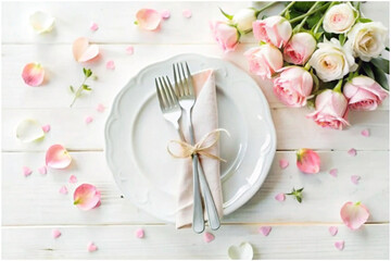 Romantic table setting with roses on white wood