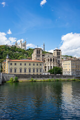Fototapeta premium Picturesque historical buildings on the bank of Saone River. Lyon, Region Auvergne-Rhone-Alpes, France.