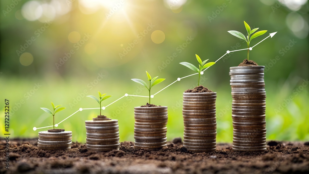 Aufkleber nurturing investment and financial growth seedlings emerging from stacked coins symbolizing savings 