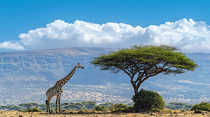 Majestic giraffe stands in African savanna landscape beneath a large acacia tree and mountains