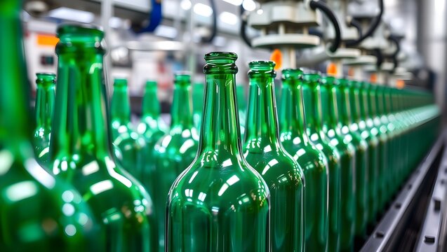 A row of green glass bottles on a production line, showcasing the manufacturing process in a factory setting. - Powered by Adobe