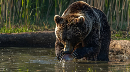 Obraz premium Brown bear eating fish by a pond in a natural setting