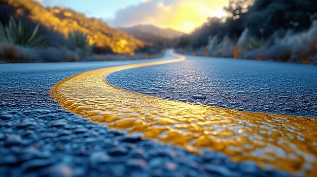 A winding road with a yellow line running through it under a cloudy sky