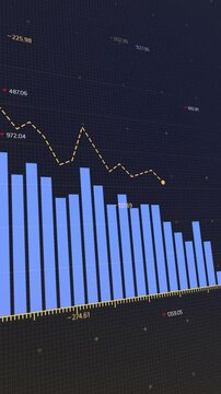 Animated digital bar graph declines, showing financial loss, stock market crash with downward trend arrow, crisis, bankruptcy, copy space.