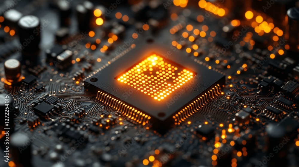 Poster close-up of a lit-up processor chip on a black circuit board